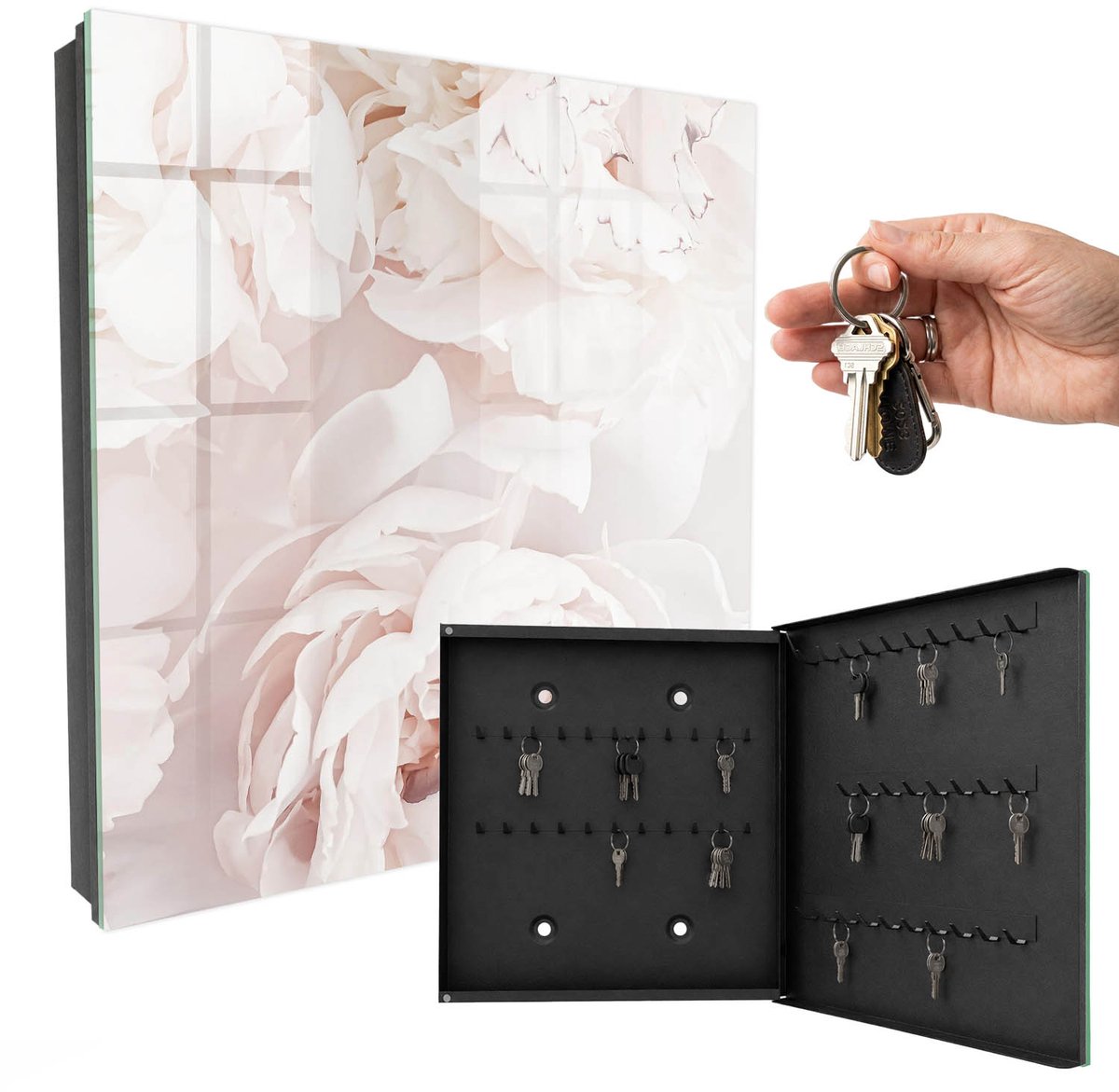 WallMuralia - Sleutelkast - 30x30x5 cm - met 50 haken - Subtiele Elegantie Leuk Sleutelkastje - Wit Sleutelbox - Rechtsopenend - Zwart interieur