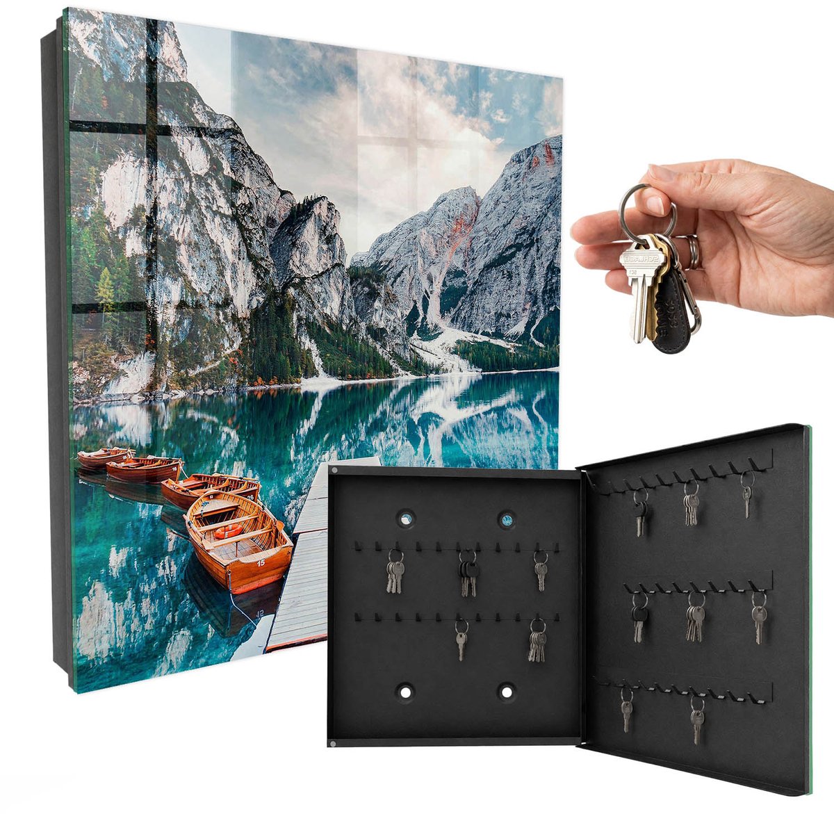 WallMuralia - Sleutelkast - 30x30x5 cm - met 50 haken - Berglandschap Sleutelkastje Binnen - Blauw Sleutelbox - Rechtsopenend - Zwart interieur