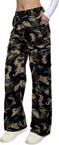 Dames Camo Rechte Lange Been Cargo Joggers Rits Zakken Elastische