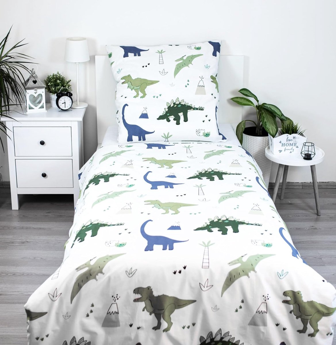 Set 2-delig kinderbeddengoed, dekbedovertrek, omkeerbaar beddengoed, 135 x 200 cm, 80 x 80 cm, katoen, kinderbeddengoed, Öko-Tex-Duitse standaardmaat (Dino dinosaurus)