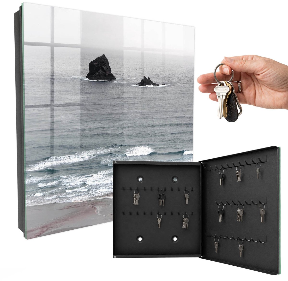WallMuralia - Sleutelkast - 30x30x5 cm - met 50 haken - Zee Van Rotsen Sleutelkastje Muur - Grijs Sleutelbox - Rechtsopenend - Zwart interieur