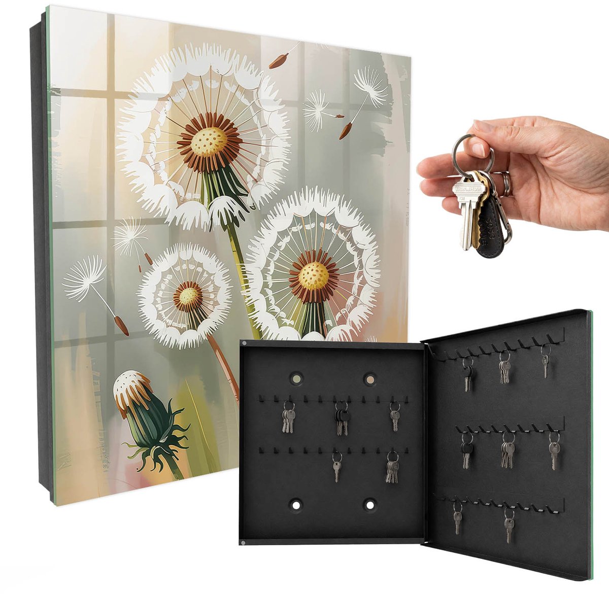 WallMuralia - Sleutelkast - 30x30x5 cm - met 50 haken - Tere Paardenbloemen Sleutelkastje Landelijk - Grijs Sleutelbox - Rechtsopenend - Zwart interieur