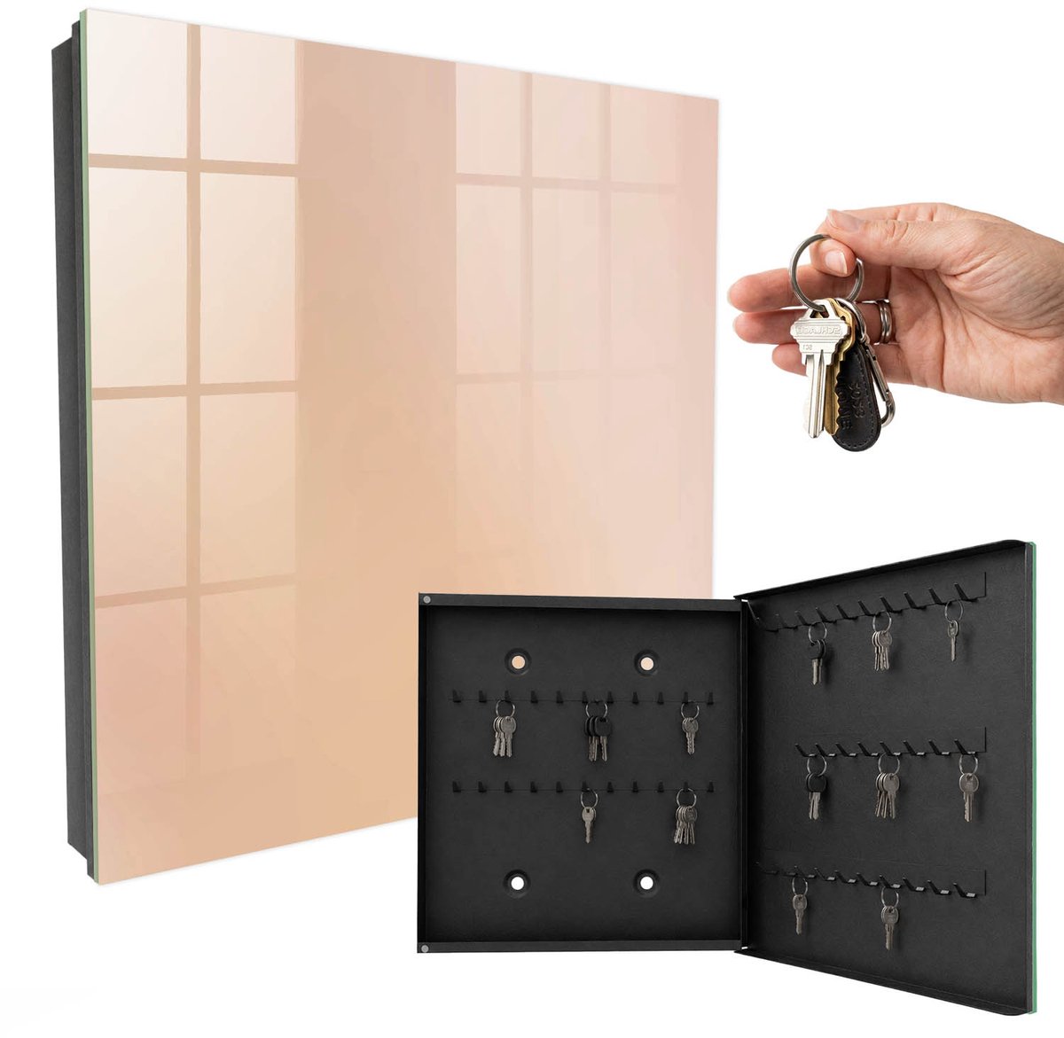 WallMuralia - Sleutelkast - 30x30x5 cm - met 50 haken - Pasteltinten Sleutelkastje Hal - Beige Sleutelbox - Rechtsopenend - Zwart interieur