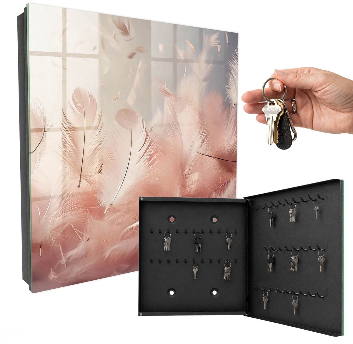 WallMuralia - Sleutelkast - 30x30x5 cm - met 50 haken - Pastelkleurige Veren Sleutelkastje Voor Binnen - Roze Sleutelbox - Rechtsopenend - Zwart interieur
