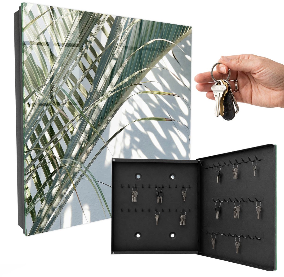 WallMuralia - Sleutelkast - 30x30x5 cm - met 50 haken - Palmbomen En Schaduwen Sleutelkastje Hal - Wit Sleutelbox - Rechtsopenend - Zwart interieur