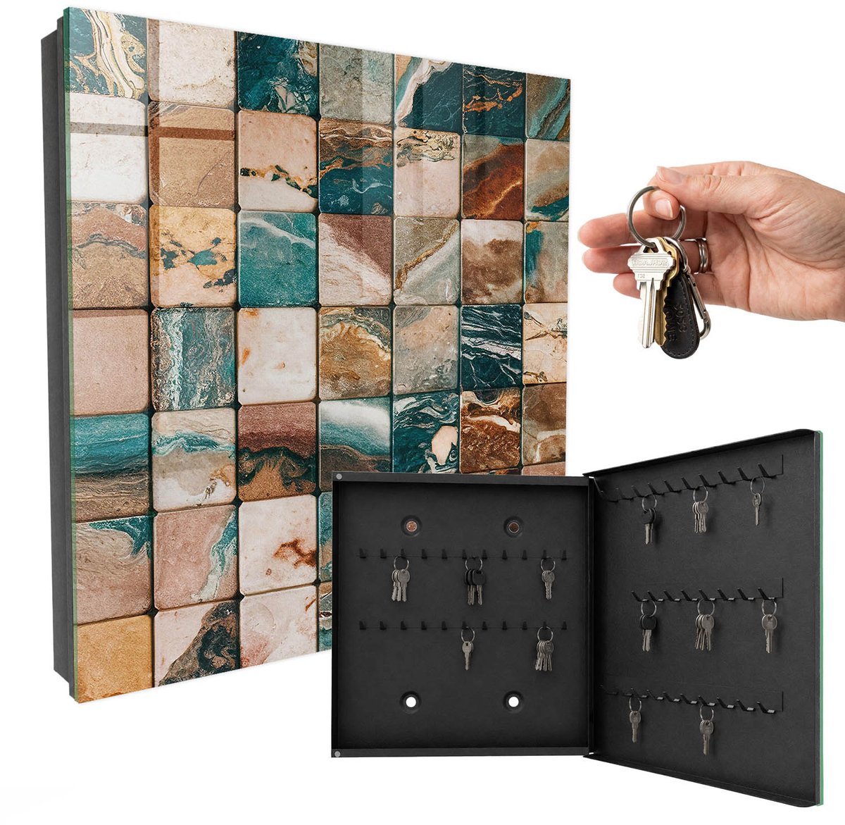 WallMuralia - Sleutelkast - 30x30x5 cm - met 50 haken - Tonale Mozaïek Sleutelkastje Voor Binnen - Bruin Sleutelbox - Rechtsopenend - Zwart interieur
