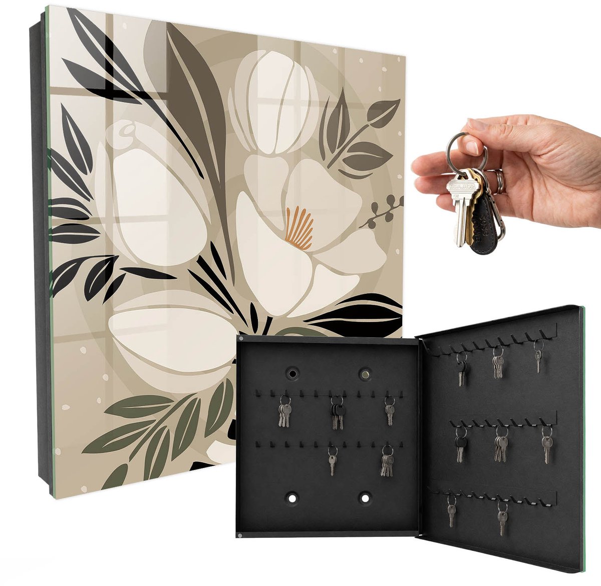 WallMuralia - Sleutelkast - 30x30x5 cm - met 50 haken - Bloemrijk Minimalisme Sleutelkastje Klein - Beige Sleutelbox - Rechtsopenend - Zwart interieur