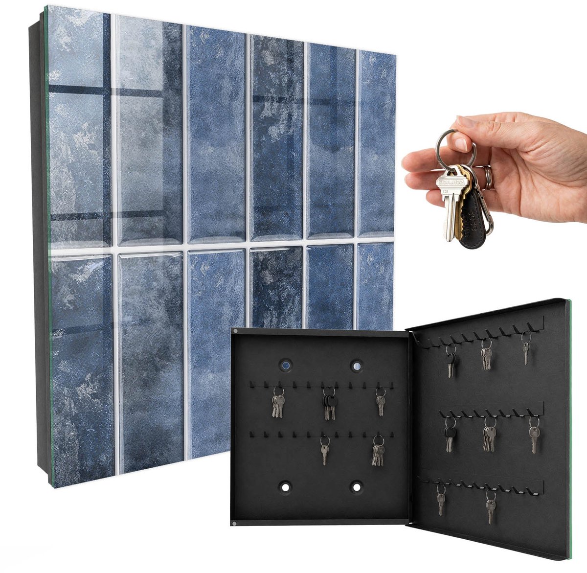 WallMuralia - Sleutelkast - 30x30x5 cm - met 50 haken - Blauwe Tegels Sleutelkastje Design - Blauw Sleutelbox - Rechtsopenend - Zwart interieur