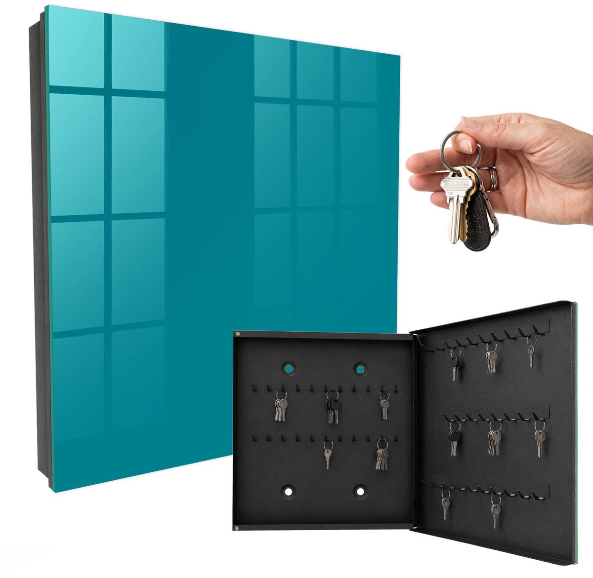 WallMuralia - Sleutelkast - 30x30x5 cm - met 50 haken - Koel Turkoois Sleutelkastje - Turkoois Sleutelbox - Rechtsopenend - Zwart interieur