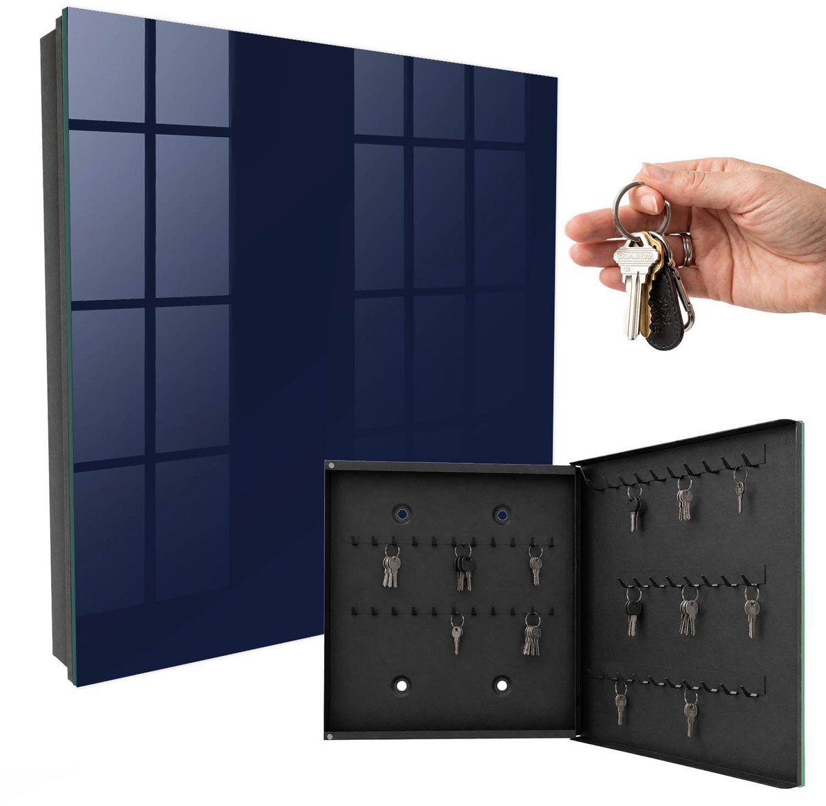 WallMuralia - Sleutelkast - 30x30x5 cm - met 50 haken - Donker Marineblauw Sleutelkastje Binnen - Marine Sleutelbox - Rechtsopenend - Zwart interieur