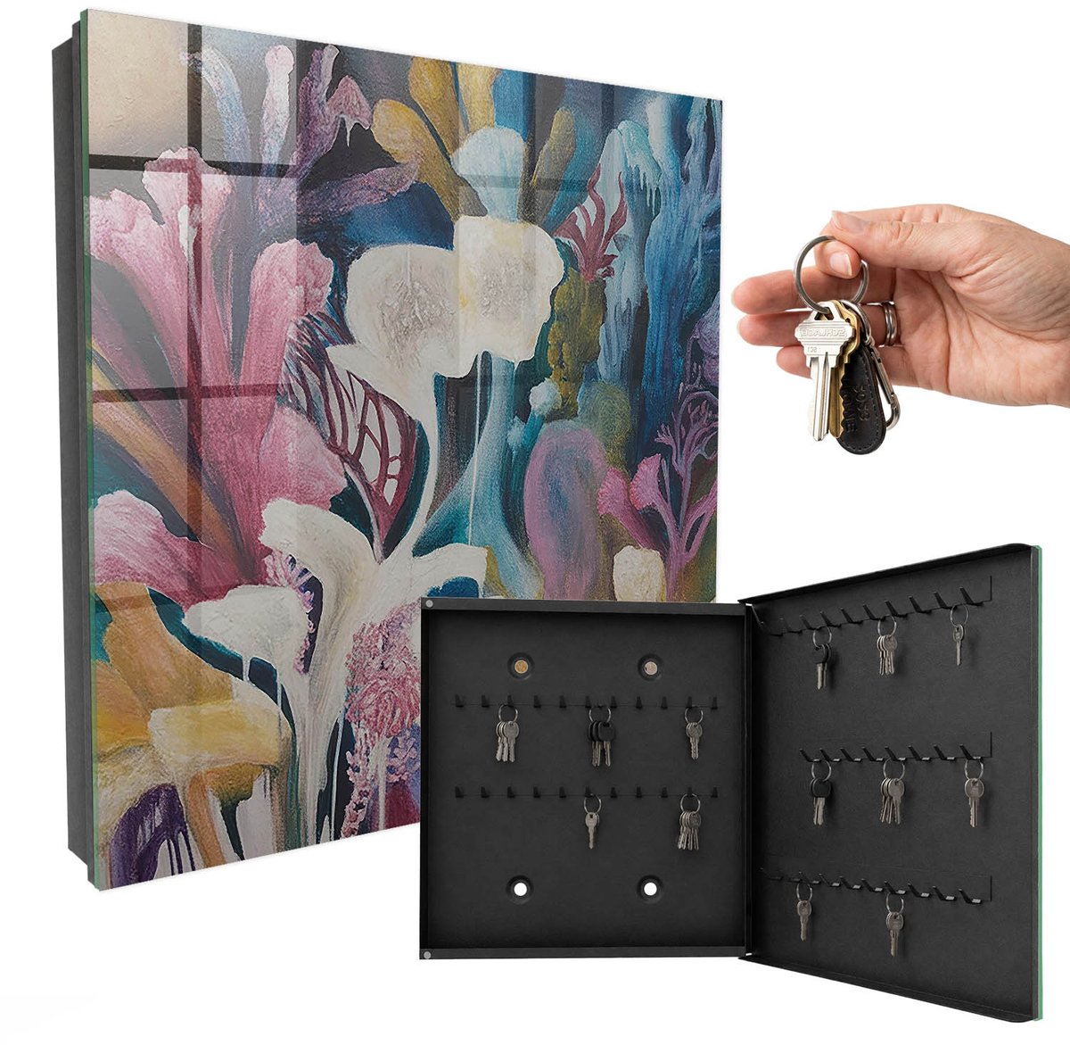 WallMuralia - Sleutelkast - 30x30x5 cm - met 50 haken - Abstracte Natuur Sleutelkastje Design - Roze Sleutelbox - Rechtsopenend - Zwart interieur