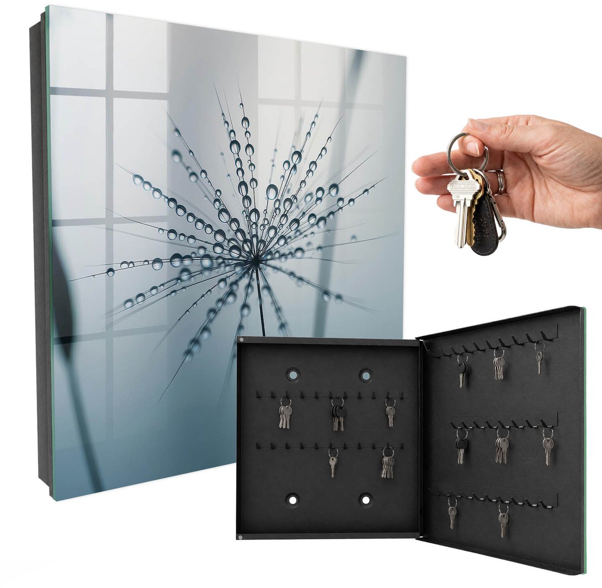 WallMuralia - Sleutelkast - 30x30x5 cm - met 50 haken - Paardenbloem En Waterdruppels Sleutelkastje Industrieel - Grijs Sleutelbox - Rechtsopenend - Zwart interieur