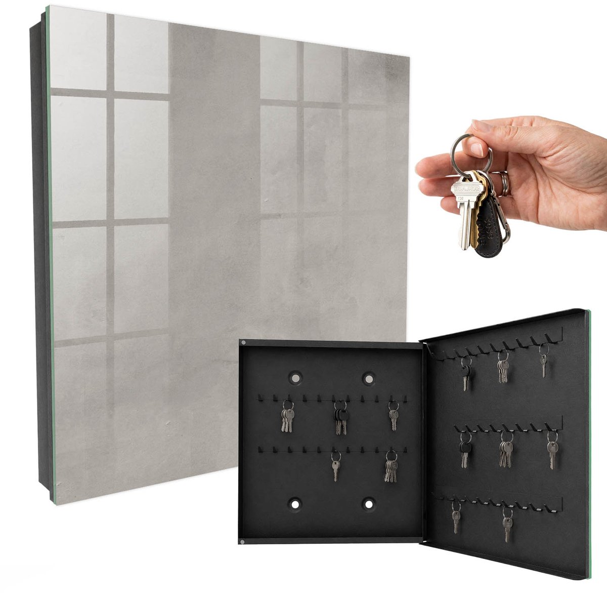 WallMuralia - Sleutelkast - 30x30x5 cm - met 50 haken - Grijze Textuur Sleutelkastje Design - Grijs Sleutelbox - Rechtsopenend - Zwart interieur