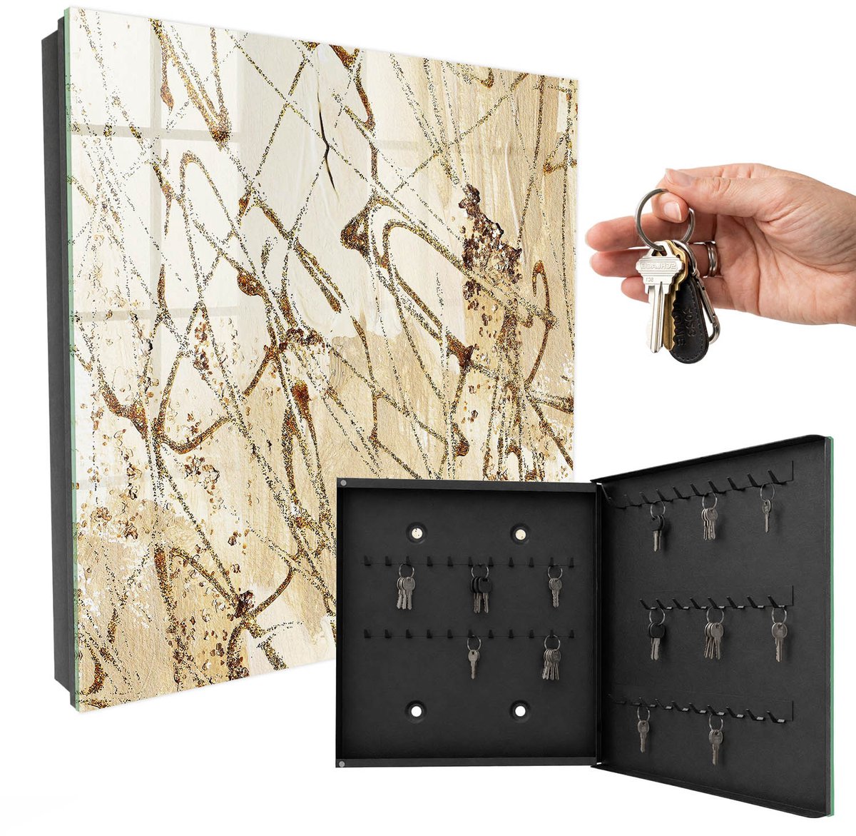 WallMuralia - Sleutelkast - 30x30x5 cm - met 50 haken - Abstracte Compositie Sleutelkastje Binnen - Beige Sleutelbox - Rechtsopenend - Zwart interieur
