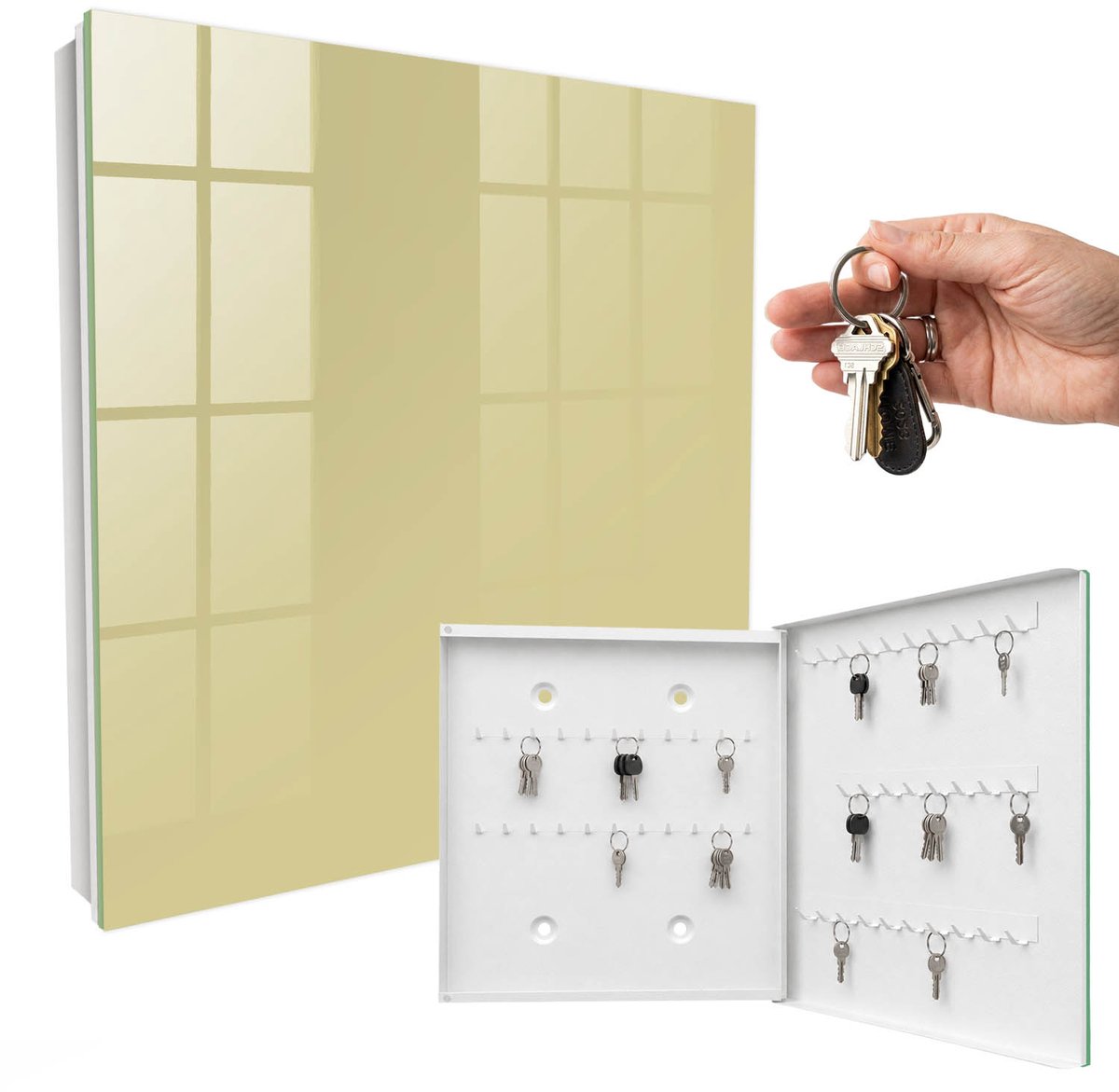 WallMuralia - Sleutelkast - 30x30x5 cm - met 50 haken - Pastelgeel Groot Sleutelkastje - Geel Sleutelbox - Rechtsopenend - Wit interieur