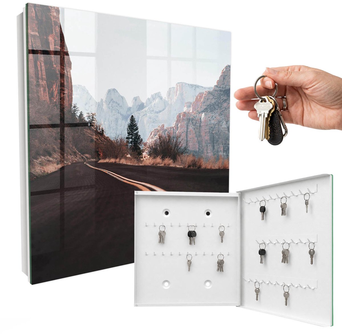 WallMuralia - Sleutelkast - 30x30x5 cm - met 50 haken - Weg In De Bergen Sleutelkastje Design - Bruin Sleutelbox - Rechtsopenend - Wit interieur