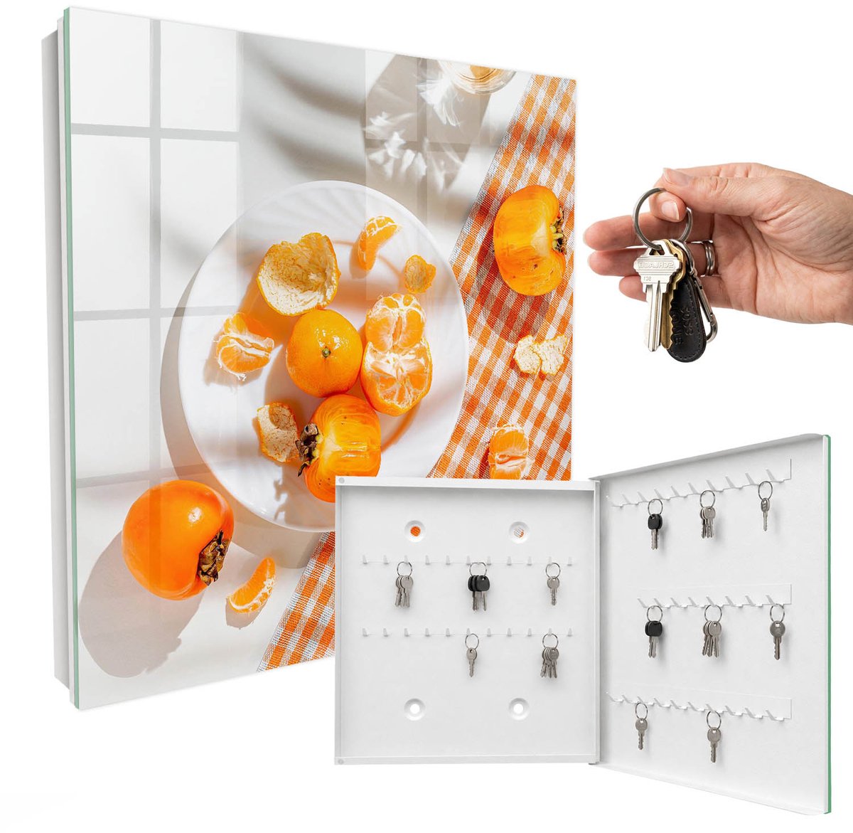 WallMuralia - Sleutelkast - 30x30x5 cm - met 50 haken - Sappig Fruit Sleutelkastje Voor Binnen - Oranje Sleutelbox - Rechtsopenend - Wit interieur