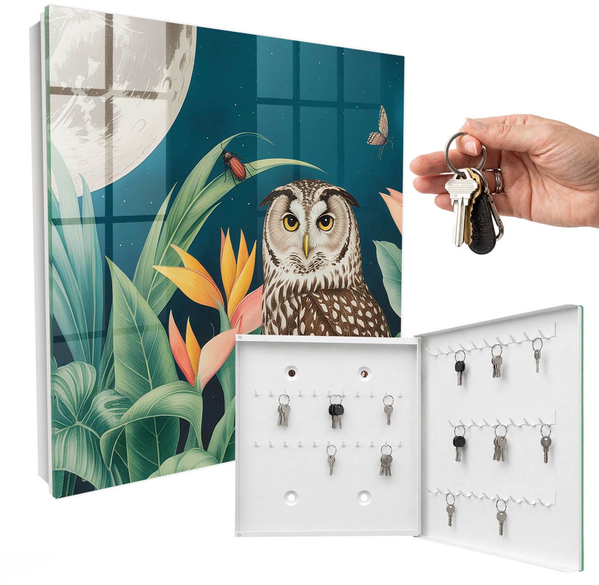 WallMuralia - Sleutelkast - 30x30x5 cm - met 50 haken - Exotisch Landschap Sleutelkastje Voor Binnen - Groente Sleutelbox - Rechtsopenend - Wit interieur