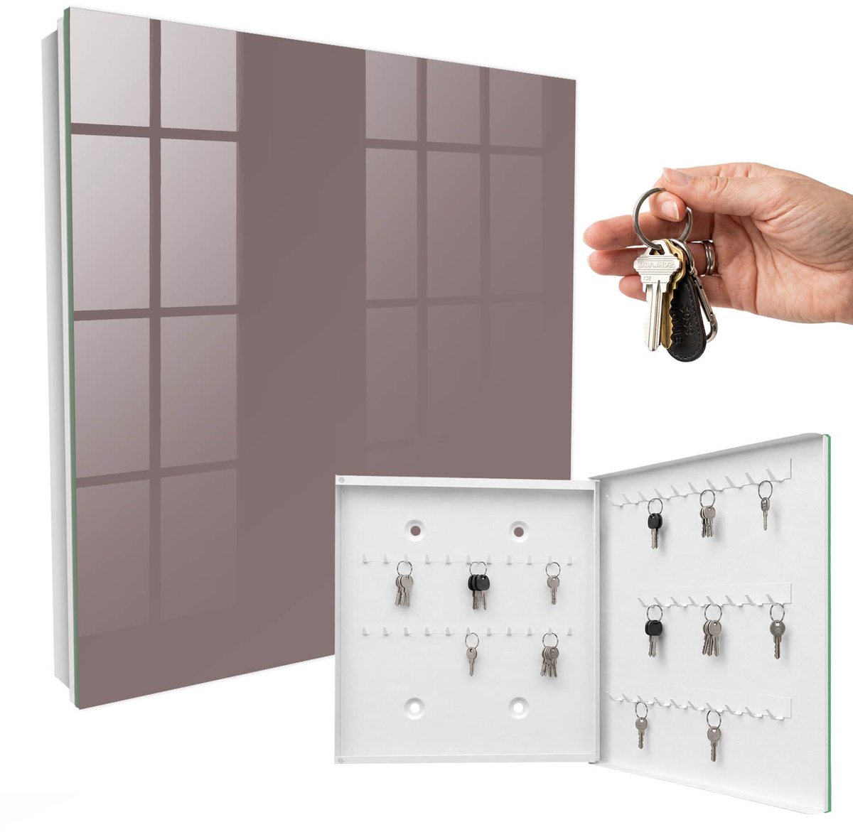 WallMuralia - Sleutelkast - 30x30x5 cm - met 50 haken - Asbruin Sleutelkastje Hal - Bruin Sleutelbox - Rechtsopenend - Wit interieur