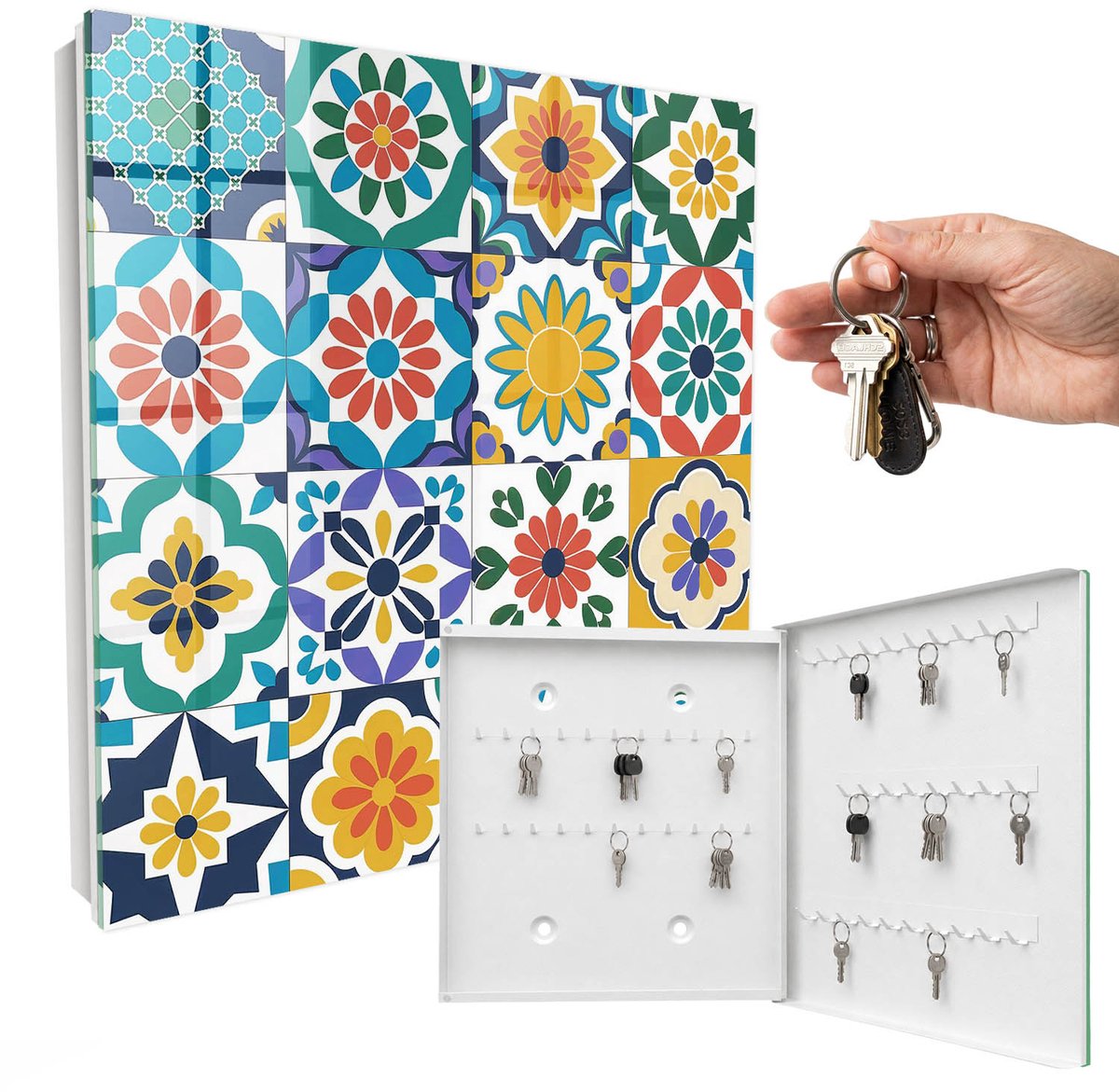 WallMuralia - Sleutelkast - 30x30x5 cm - met 50 haken - Bloemmotieven Sleutelkastje Landelijk - Blauw Sleutelbox - Rechtsopenend - Wit interieur