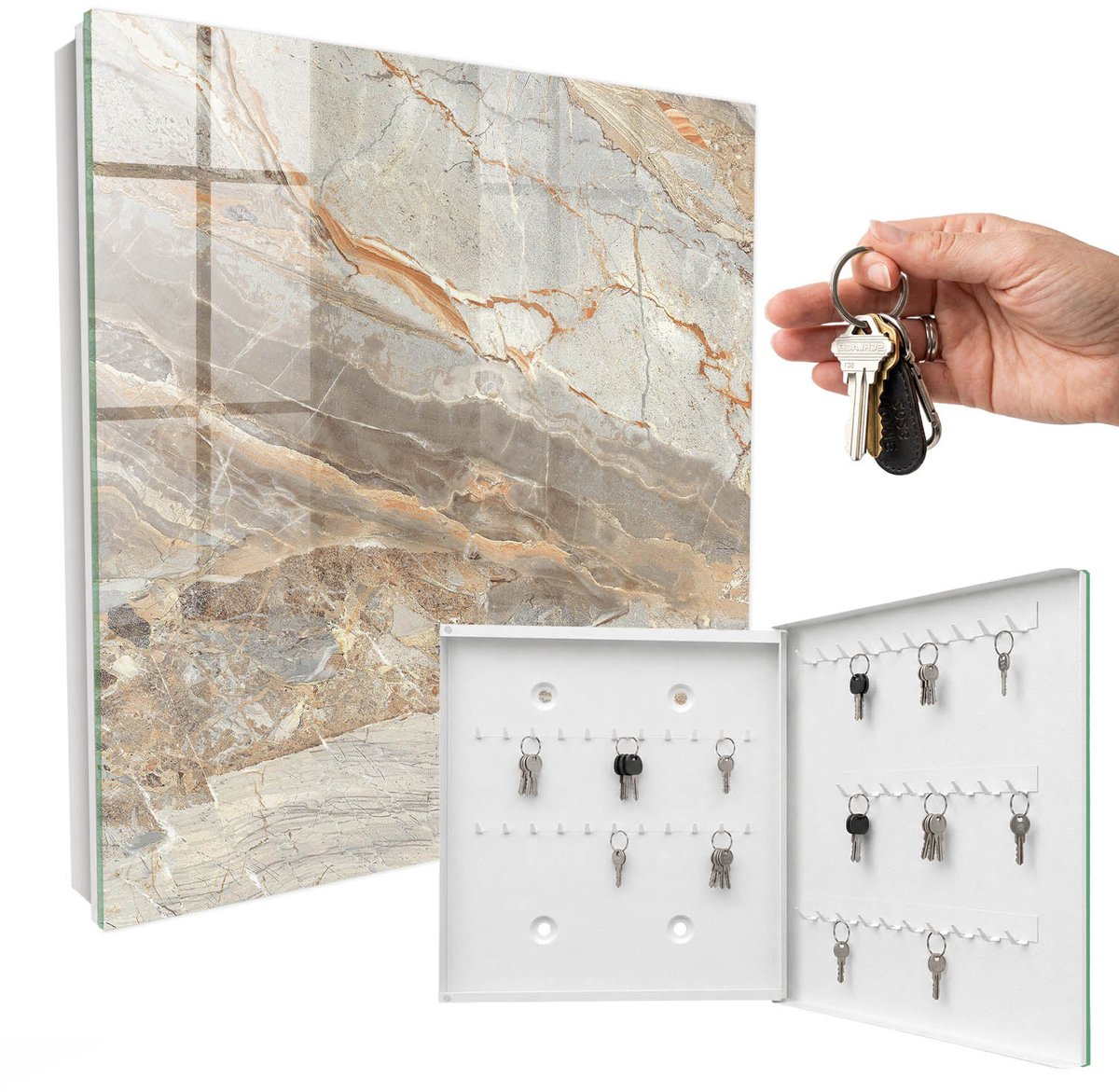 WallMuralia - Sleutelkast - 30x30x5 cm - met 50 haken - Elegant Marmer Leuk Sleutelkastje - Grijs Sleutelbox - Rechtsopenend - Wit interieur