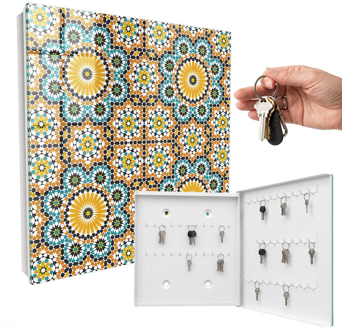 WallMuralia - Sleutelkast - 30x30x5 cm - met 50 haken - Geometrische Mozaïek Sleutelkastje Hal - Oranje Sleutelbox - Rechtsopenend - Wit interieur