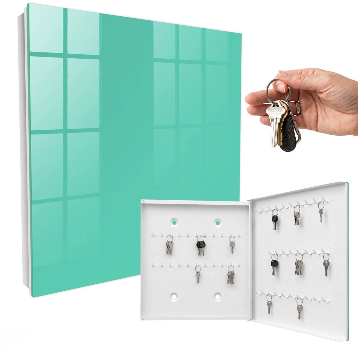 WallMuralia - Sleutelkast - 30x30x5 cm - met 50 haken - Sterke Munt Sleutelkastje Landelijk - Turkoois Sleutelbox - Rechtsopenend - Wit interieur