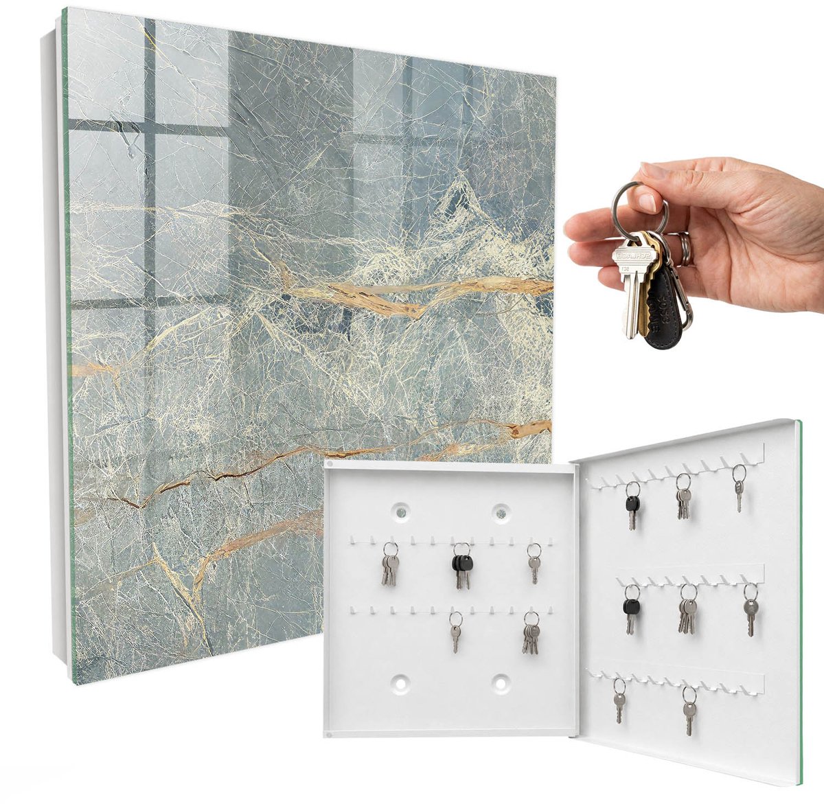 WallMuralia - Sleutelkast - 30x30x5 cm - met 50 haken - Marmertextuur Sleutelkastje Hal - Grijs Sleutelbox - Rechtsopenend - Wit interieur