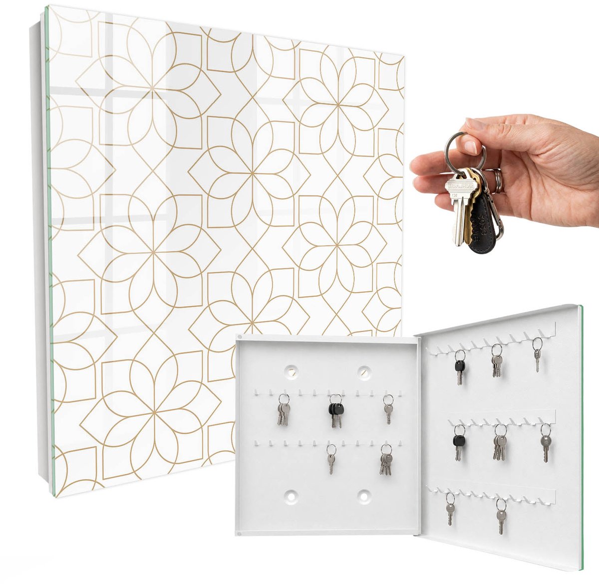 WallMuralia - Sleutelkast - 30x30x5 cm - met 50 haken - Bloemenpatroon Sleutelkastje Modern - Wit Sleutelbox - Rechtsopenend - Wit interieur