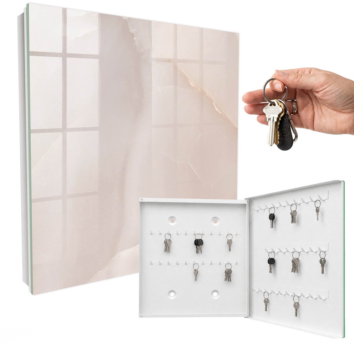 WallMuralia - Sleutelkast - 30x30x5 cm - met 50 haken - Elegante Textuur Sleutelkastje Industrieel - Beige Sleutelbox - Rechtsopenend - Wit interieur