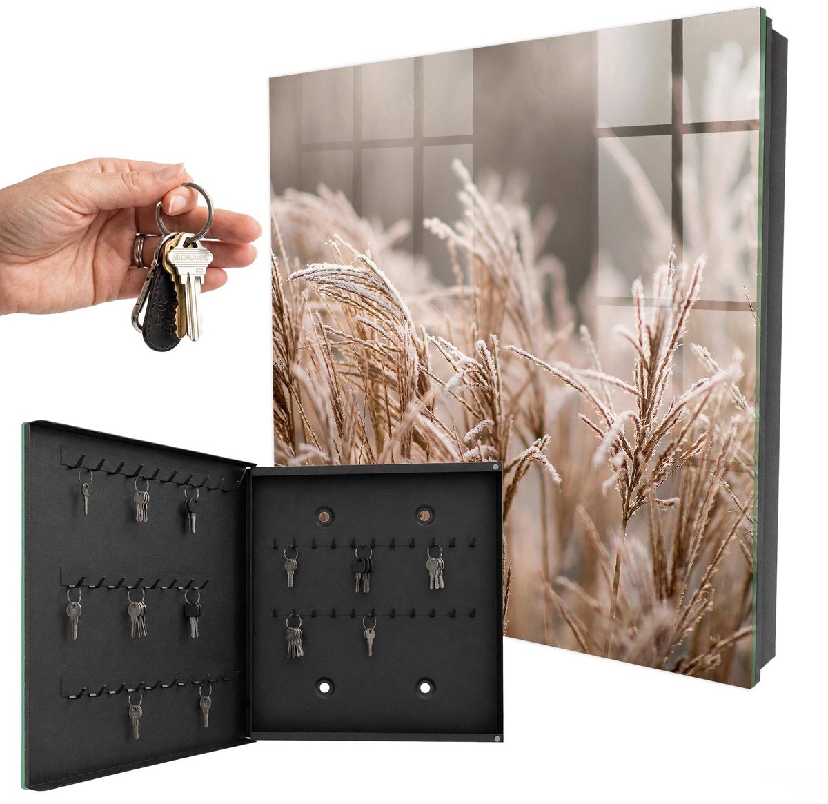 WallMuralia - Sleutelkast - 30x30x5 cm - met 50 haken - Bevroren Gras Sleutelkastje - Beige Sleutelbox - Linksopenend - Zwart interieur