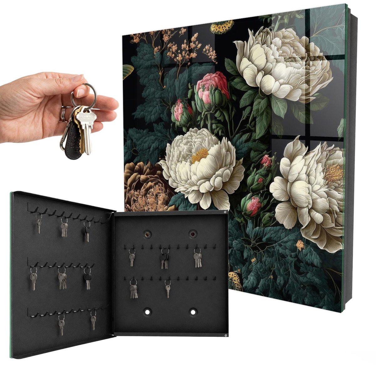 WallMuralia - Sleutelkast - 30x30x5 cm - met 50 haken - Pioenbloemen Sleutelkastje Muur - Groente Sleutelbox - Linksopenend - Zwart interieur