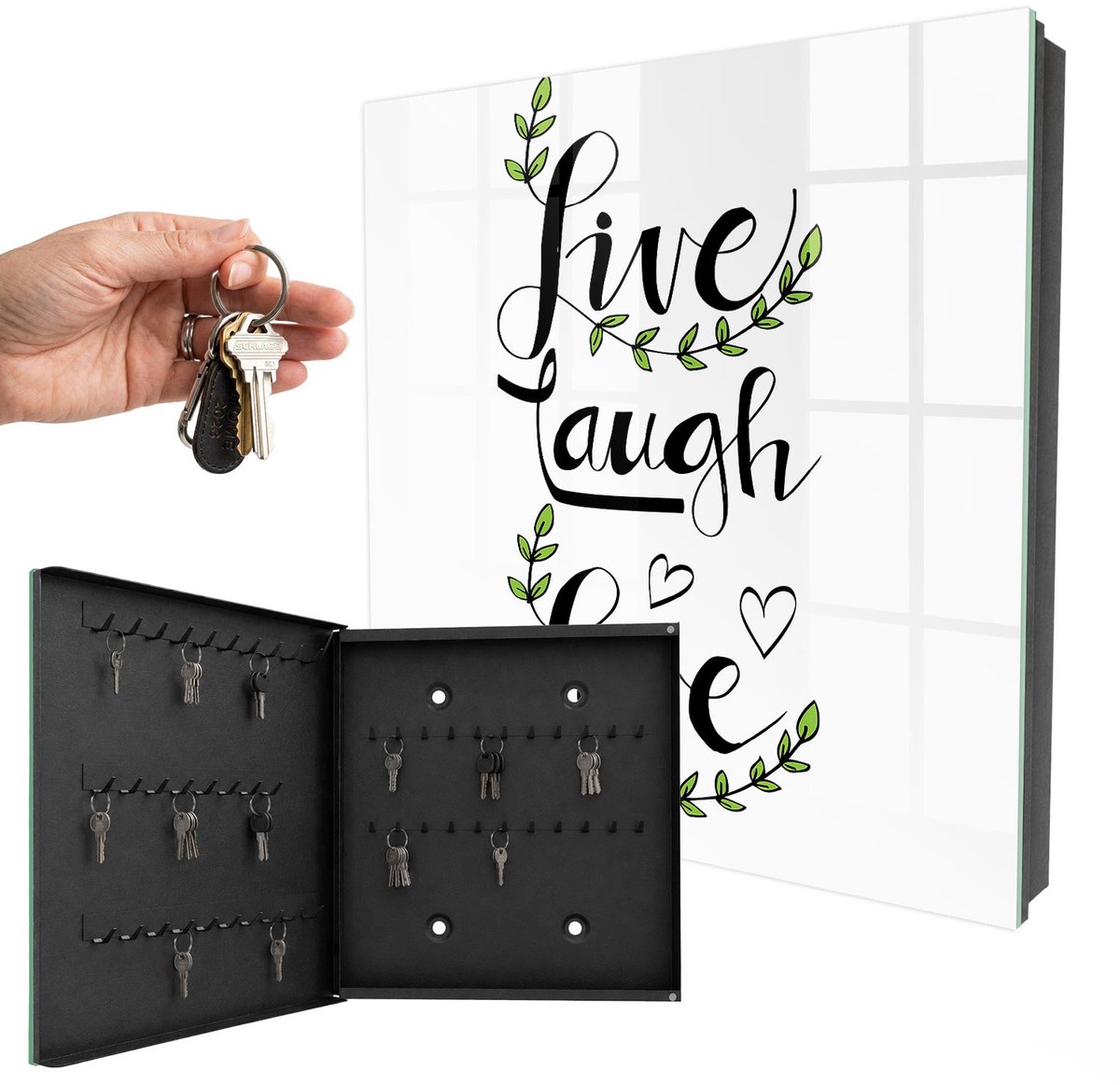 WallMuralia - Sleutelkast - 30x30x5 cm - met 50 haken - Positieve Typografie Sleutelkastje Muur - Wit Sleutelbox - Linksopenend - Zwart interieur