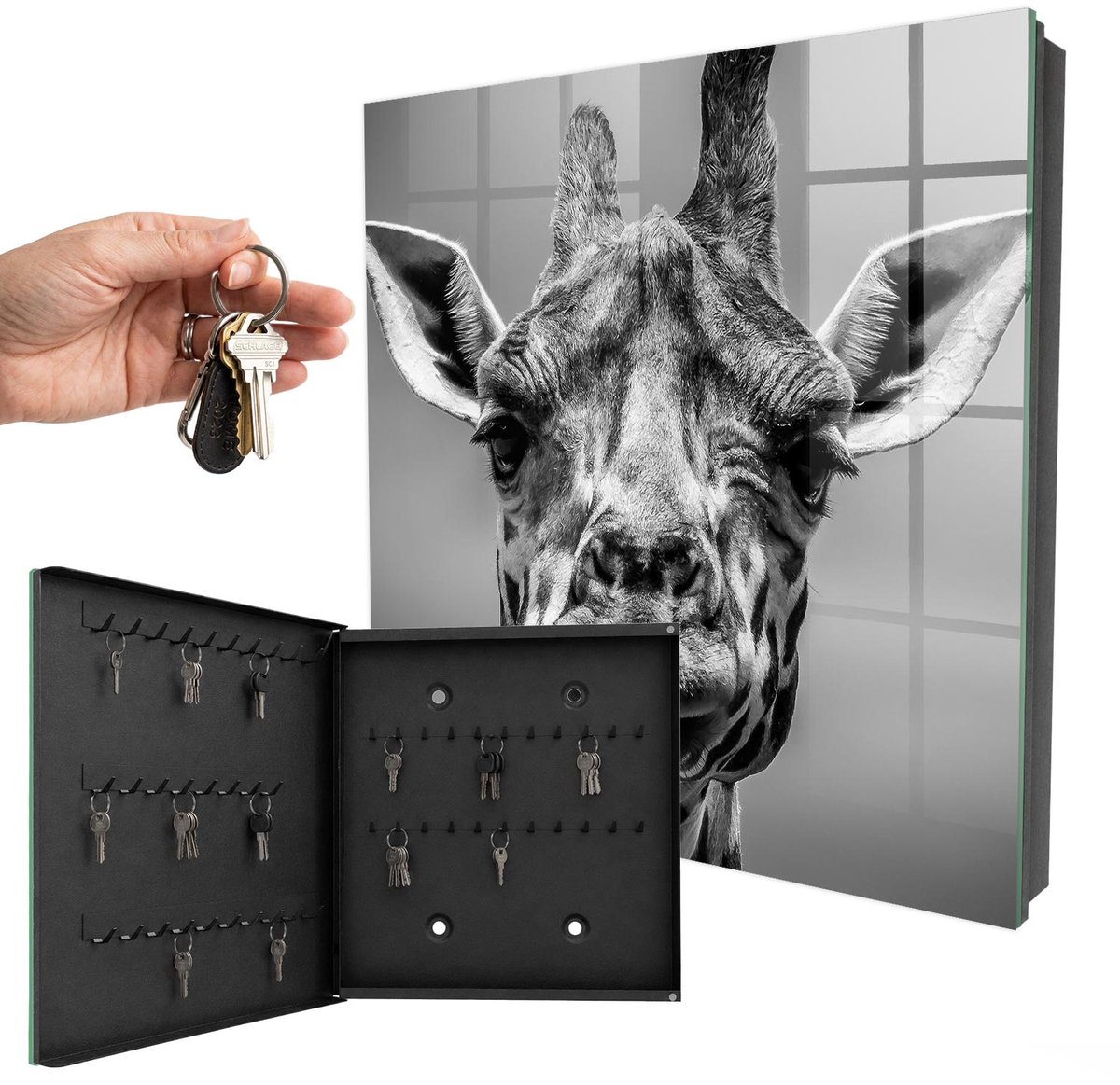 WallMuralia - Sleutelkast - 30x30x5 cm - met 50 haken - Giraffe Portret Sleutelkastje - Grijs Sleutelbox - Linksopenend - Zwart interieur