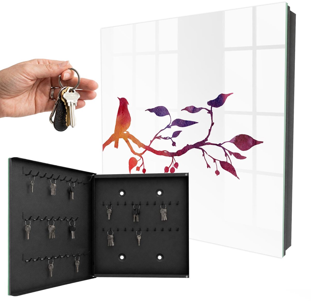 WallMuralia - Sleutelkast - 30x30x5 cm - met 50 haken - Een Tak Met Een Vogel Sleutelkastje - Rood Sleutelbox - Linksopenend - Zwart interieur