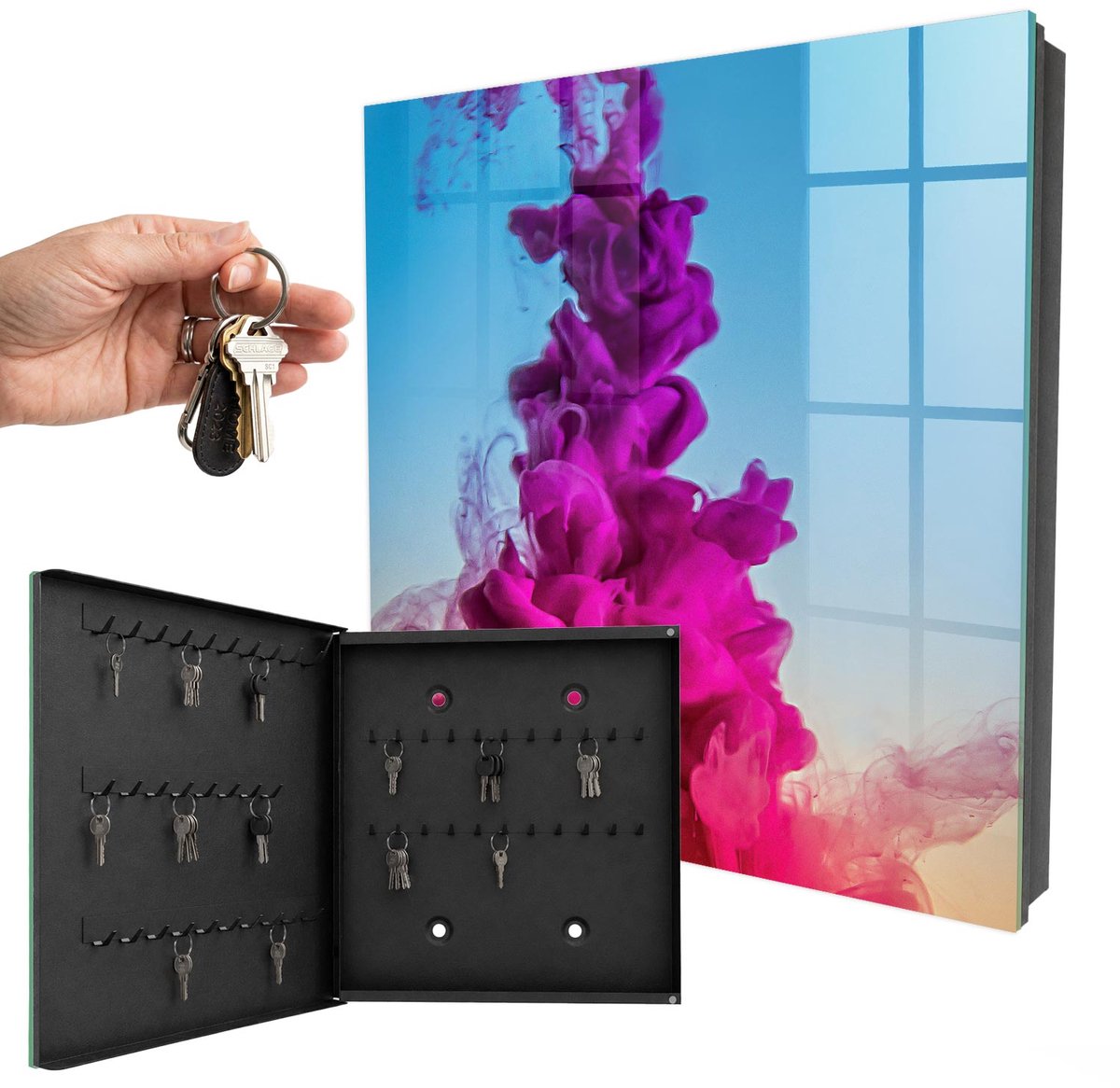 WallMuralia - Sleutelkast - 30x30x5 cm - met 50 haken - Kleurrijke Dynamiek Sleutelkastje Industrieel - Roze Sleutelbox - Linksopenend - Zwart interieur