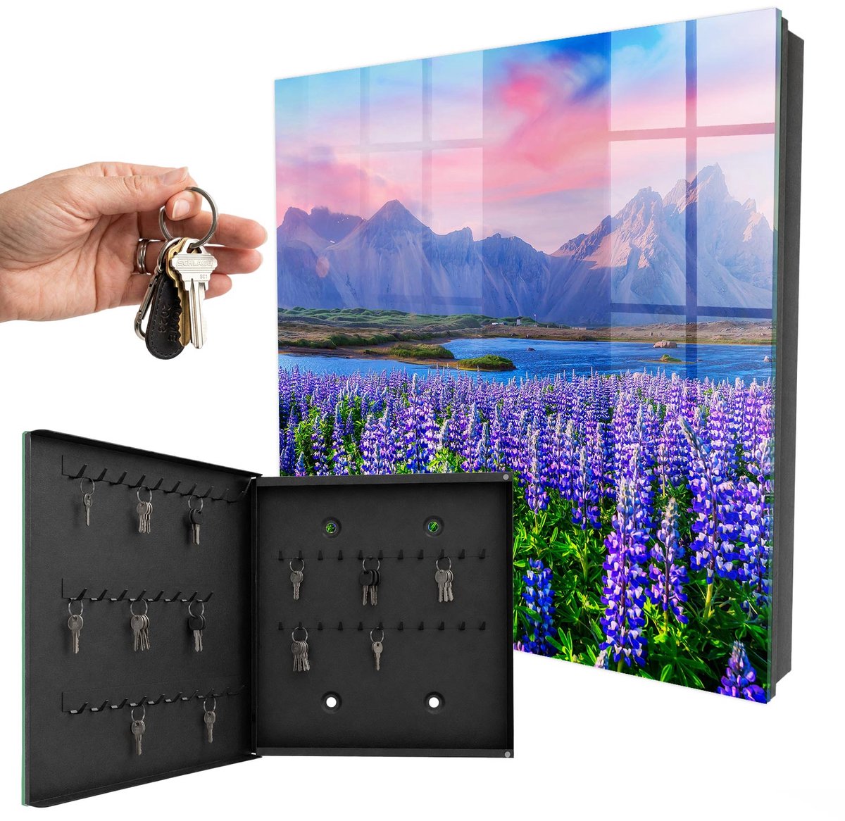 WallMuralia - Sleutelkast - 30x30x5 cm - met 50 haken - Berglandschap Sleutelkastje - Paars Sleutelbox - Linksopenend - Zwart interieur