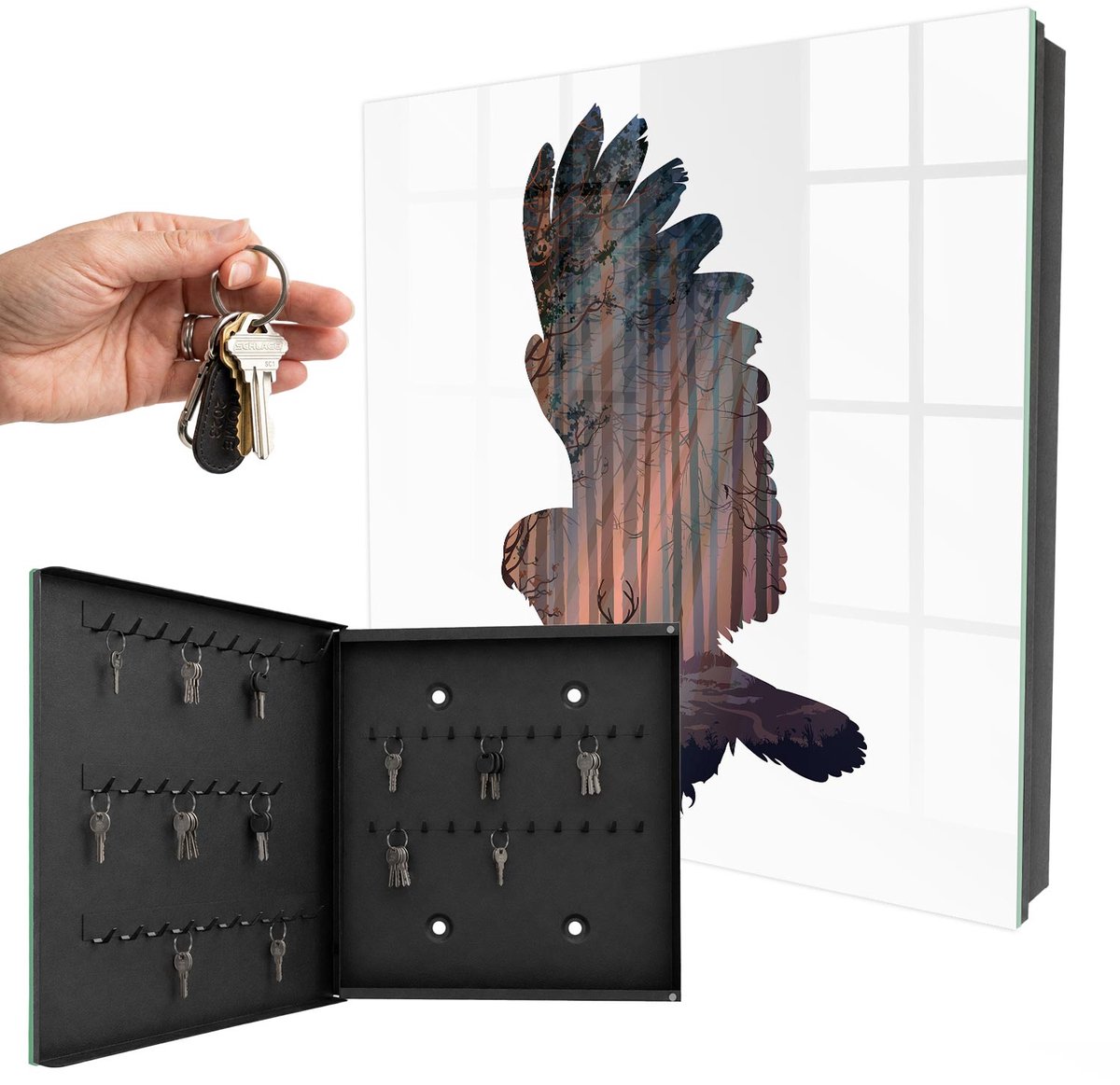 WallMuralia - Sleutelkast - 30x30x5 cm - met 50 haken - Bosvogel Sleutelkastje Hal - Bruin Sleutelbox - Linksopenend - Zwart interieur