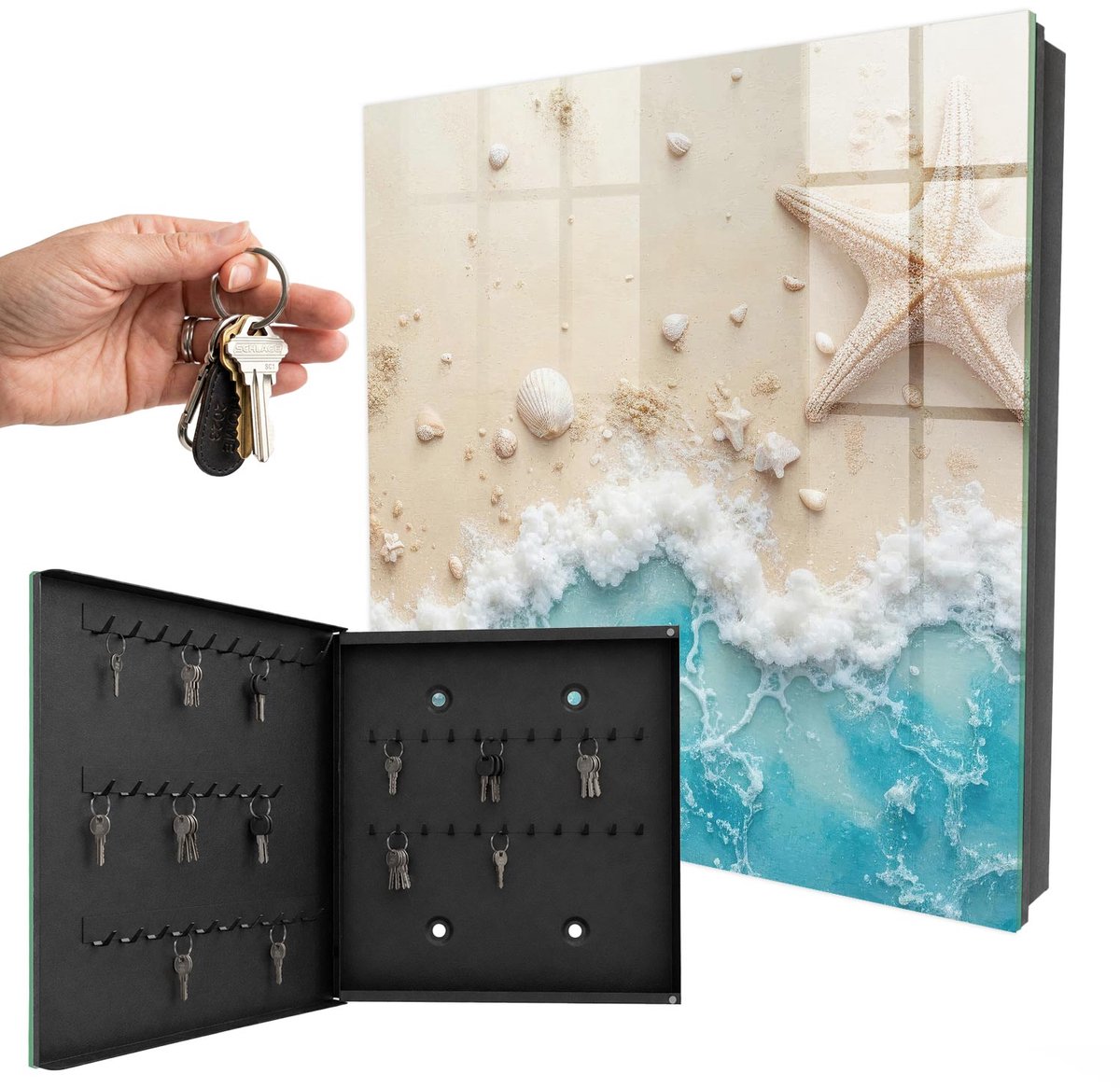 WallMuralia - Sleutelkast - 30x30x5 cm - met 50 haken - Zomerstrand Leuk Sleutelkastje - Beige Sleutelbox - Linksopenend - Zwart interieur