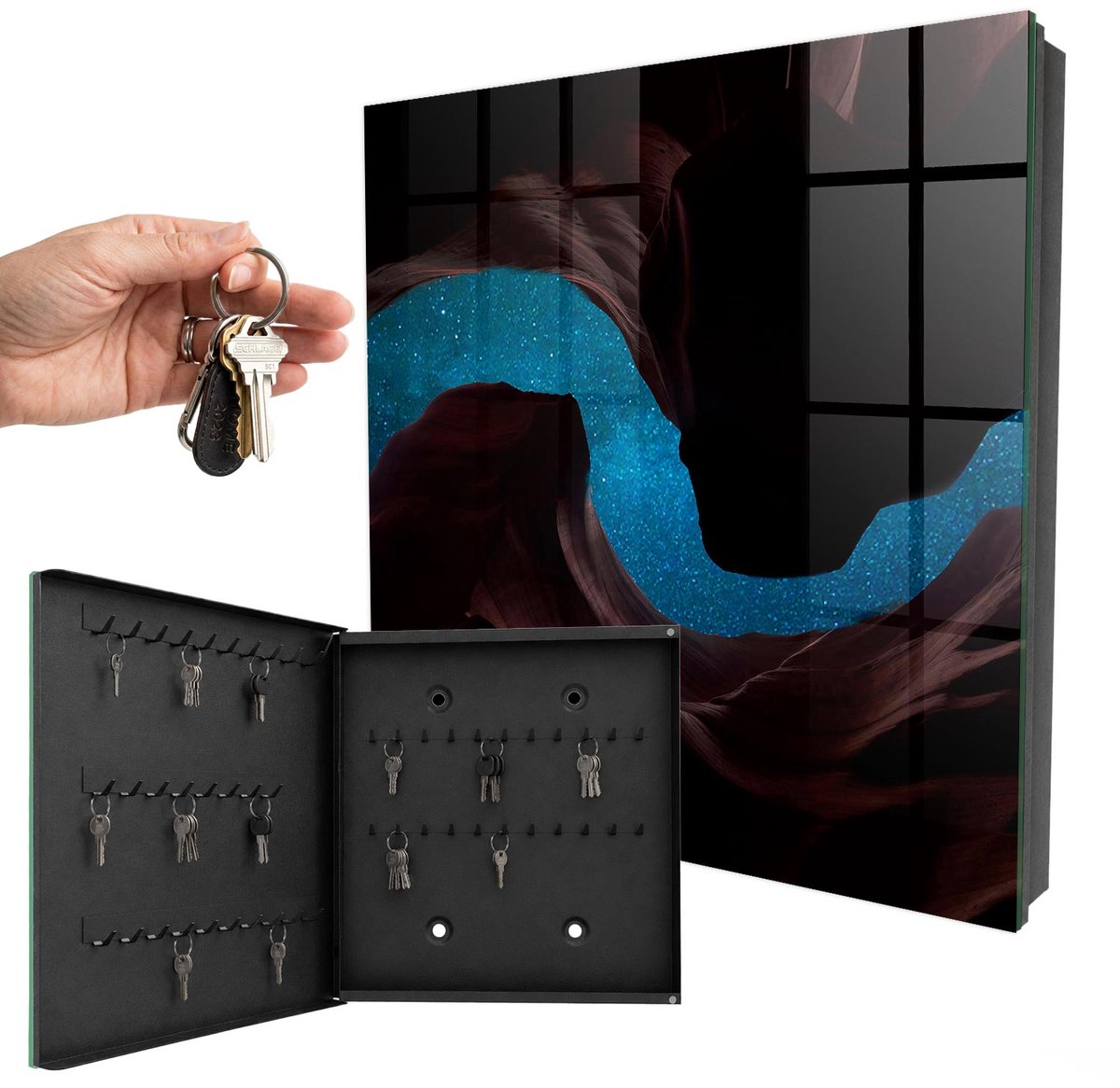 WallMuralia - Sleutelkast - 30x30x5 cm - met 50 haken - Ruimtestenen Sleutelkastje Muur - Zwart Sleutelbox - Linksopenend - Zwart interieur