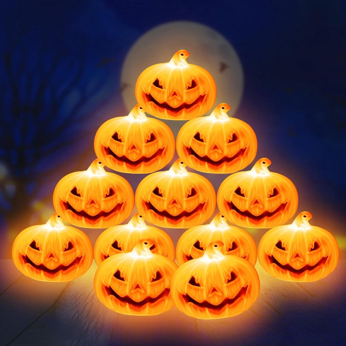 Pompoen Halloween licht, 12 stuks led-pompoenen, Halloween, decoratieve theelichtjes, Halloween, voor binnen en buiten, decoratie