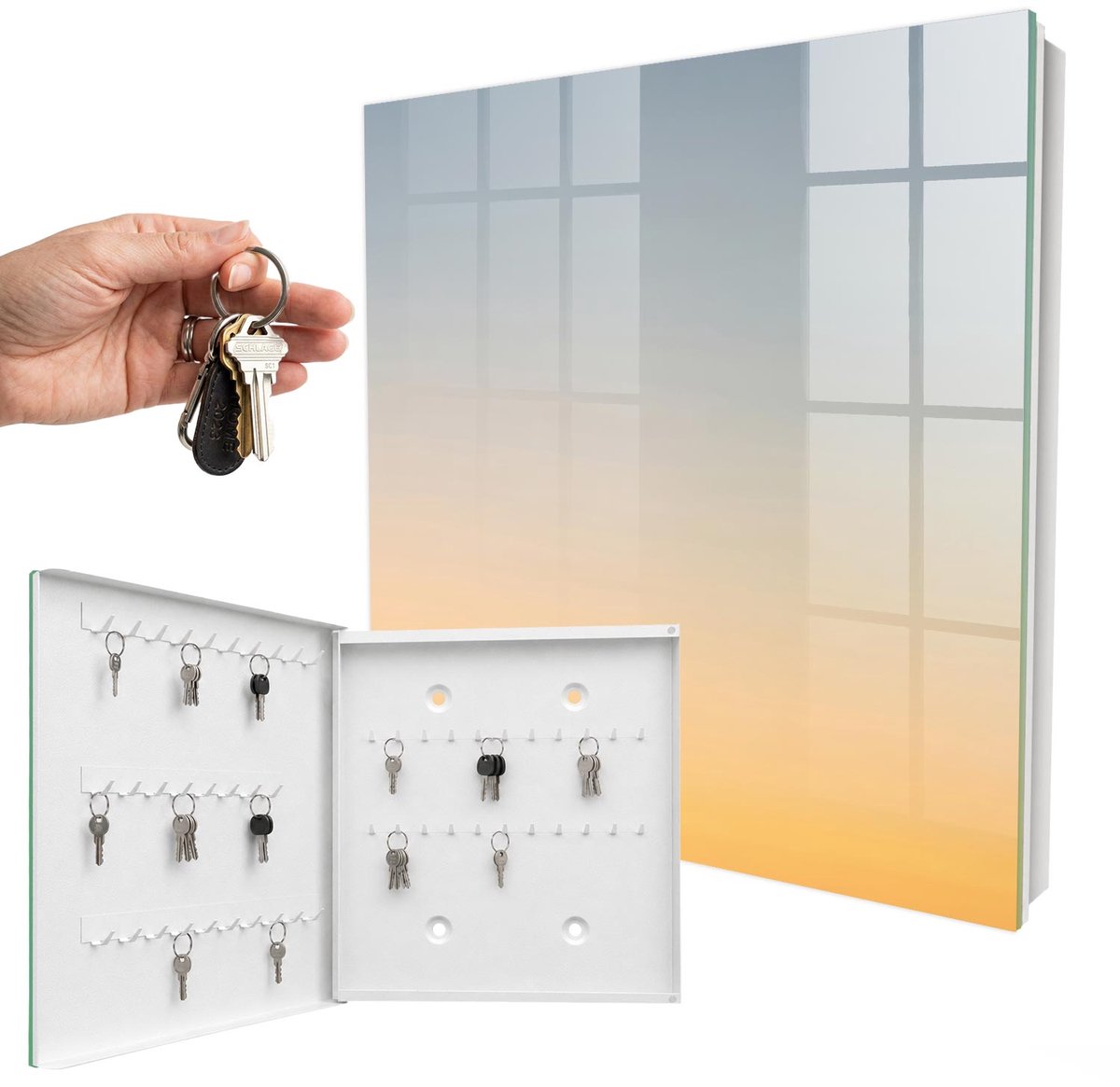 WallMuralia - Sleutelkast - 30x30x5 cm - met 50 haken - Pastel Oost Sleutelkastje Industrieel - Geel Sleutelbox - Linksopenend - Wit interieur