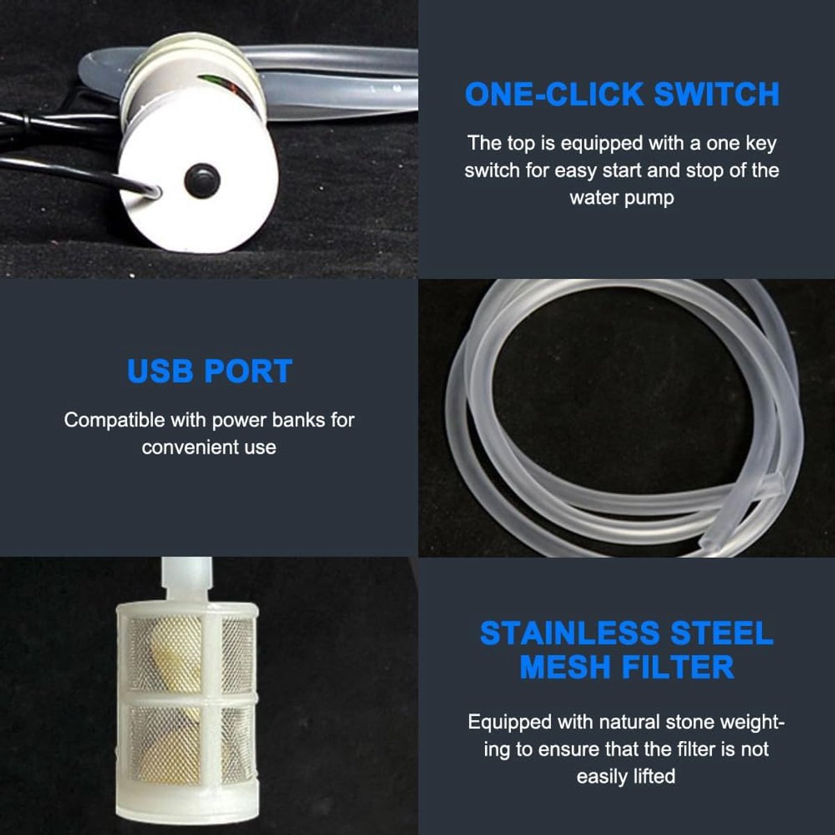 Mini-waterpomp, 5 V waterpomp, zelfaanzuigende afzuigpomp met 3 m pvc-slang en roestvrijstalen filter, USB-aangedreven mini-dompelpomp voor thuis, tuin, aquarium thumbnail 4