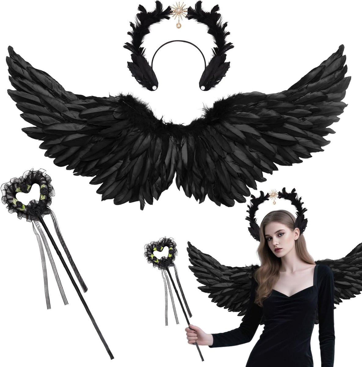 zwart set, 80 cm duivel engelenvleugels met dromerige aureool voor