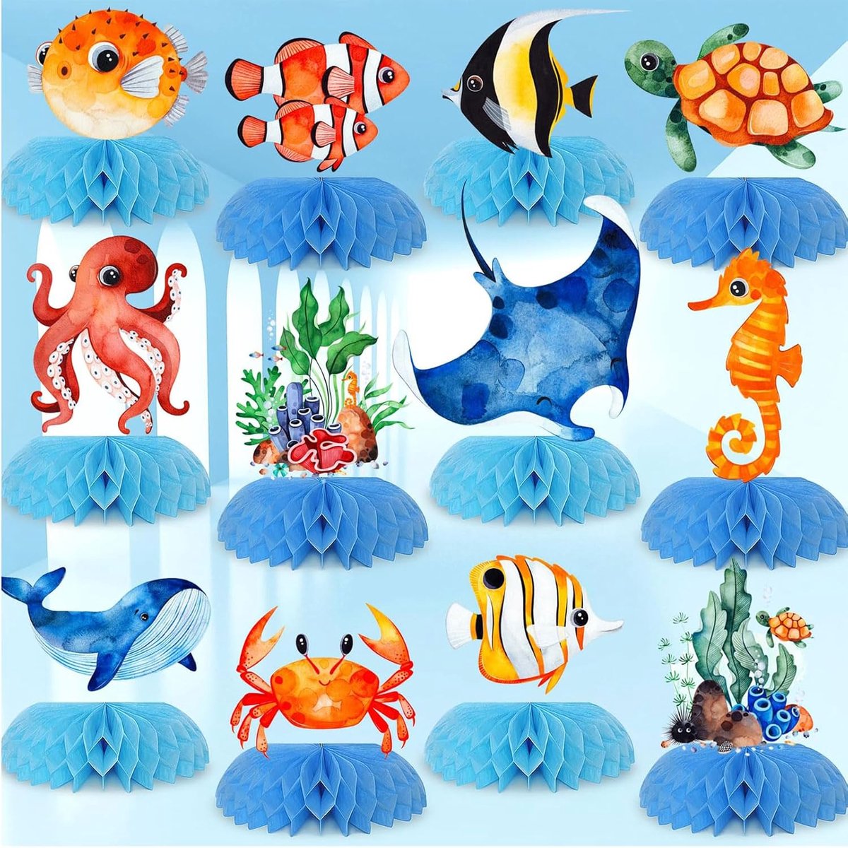 12 Stuks Ocean Dierlijke Honingraat Tafeldecoraties Marine Thema Verjaardagsfeest Versieringen Tropische Strand Feestdecoraties Vis Krab Schildpad