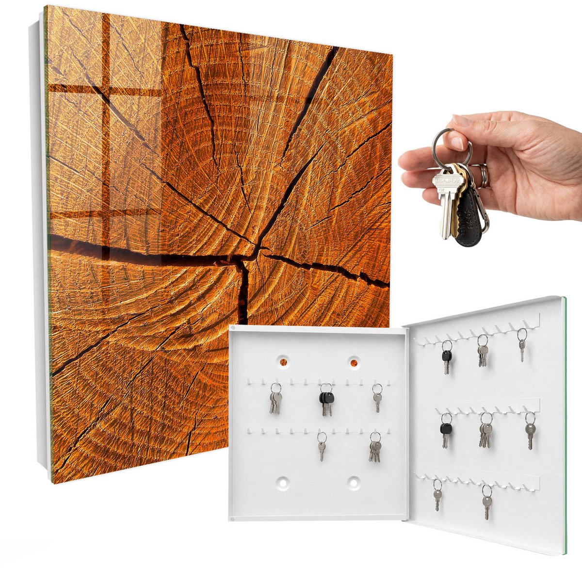 WallMuralia - Sleutelkast - 30x30x5 cm - met 50 haken - Houtnerf Sleutelkastje Modern - Oranje Sleutelbox - Rechtsopenend - Wit interieur