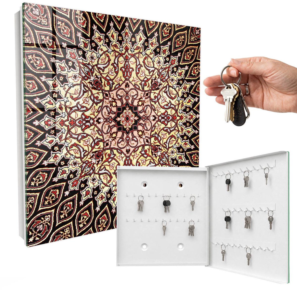 WallMuralia - Sleutelkast - 30x30x5 cm - met 50 haken - Complexe Patronen Groot Sleutelkastje - Beige Sleutelbox - Rechtsopenend - Wit interieur