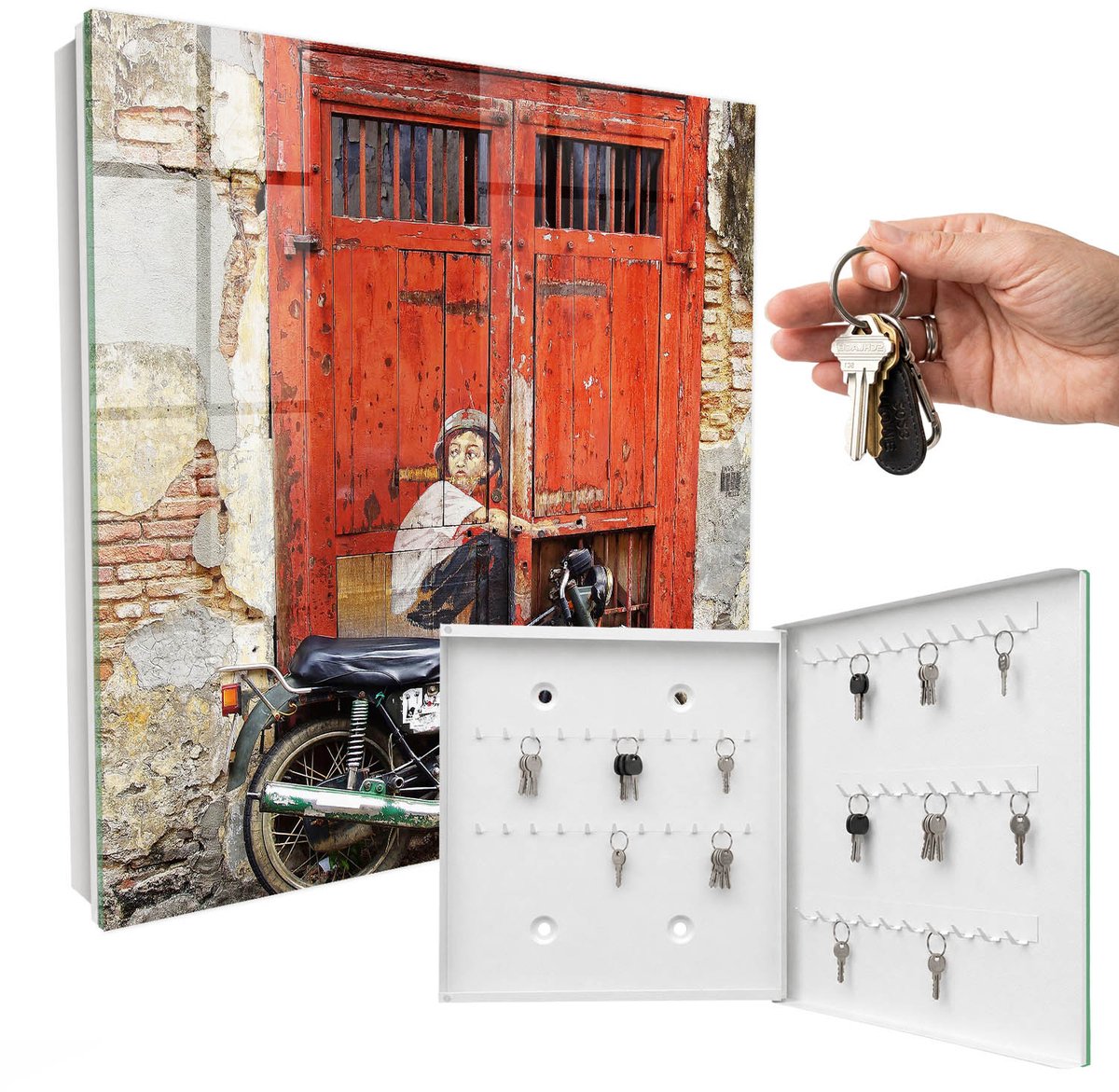 WallMuralia - Sleutelkast - 30x30x5 cm - met 50 haken - Straatkunst Sleutelkastje Voor Binnen - Rood Sleutelbox - Rechtsopenend - Wit interieur