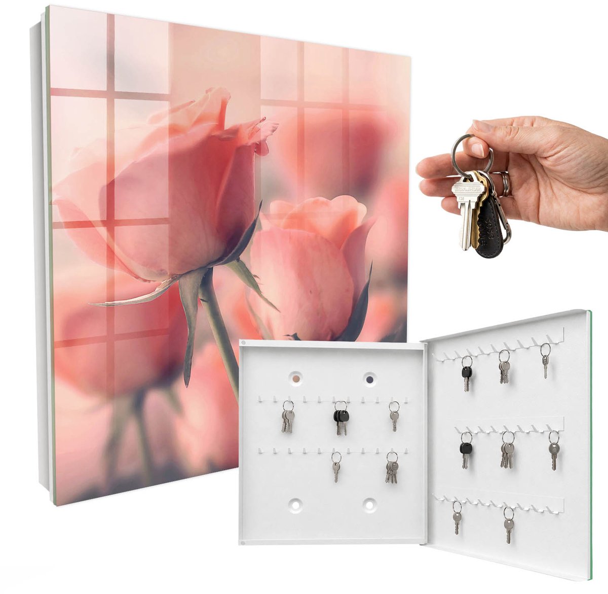 WallMuralia - Sleutelkast - 30x30x5 cm - met 50 haken - Tere Bloemen Sleutelkastje Landelijk - Roze Sleutelbox - Rechtsopenend - Wit interieur