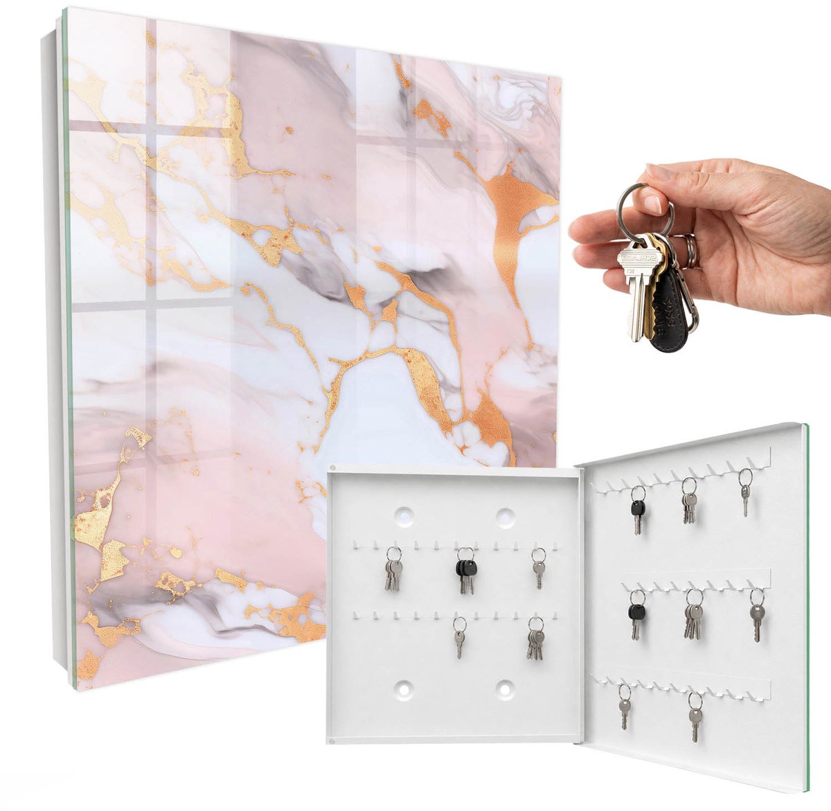 WallMuralia - Sleutelkast - 30x30x5 cm - met 50 haken - Abstract Marmer Sleutelkastje Hal - Roze Sleutelbox - Rechtsopenend - Wit interieur
